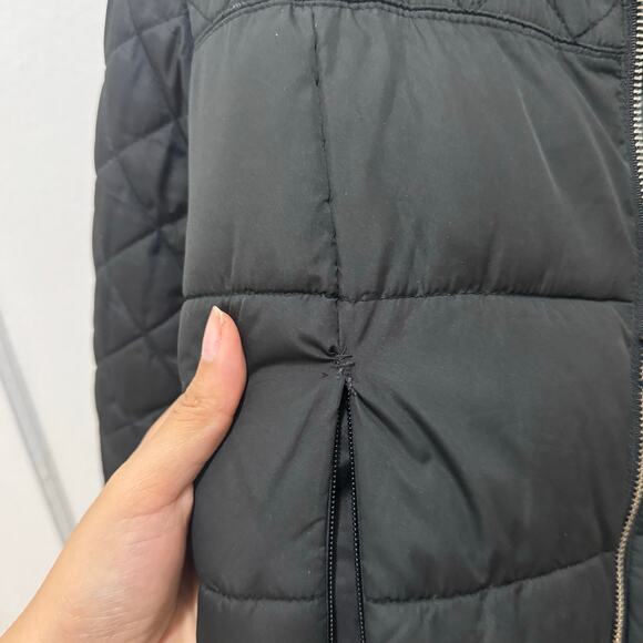 Y2K Bebe size medium black cropped puffer jacket missing fur Rhinestone logo - Picture 13 of 15